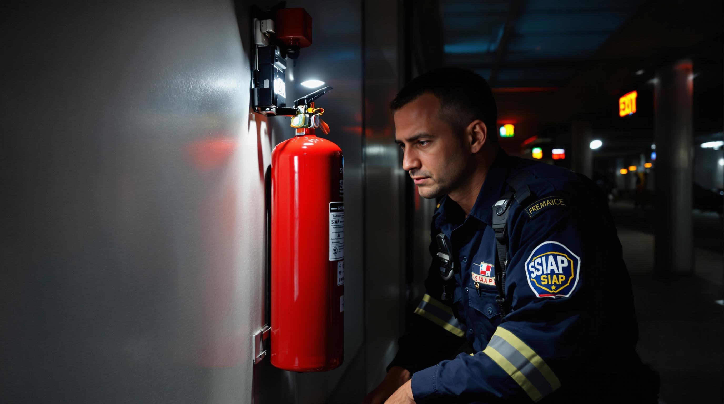 Agent de sécurité incendie SSIAP vérifiant un extincteur