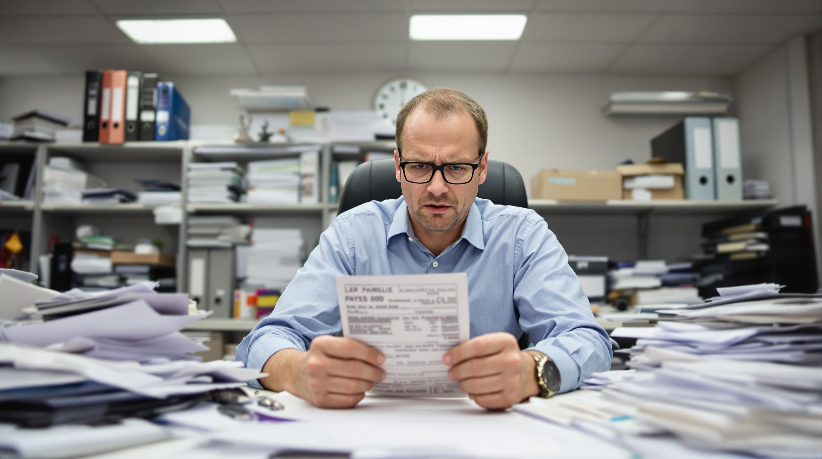 bureau RH salarié énervé vérifiant son bulletin de salaire