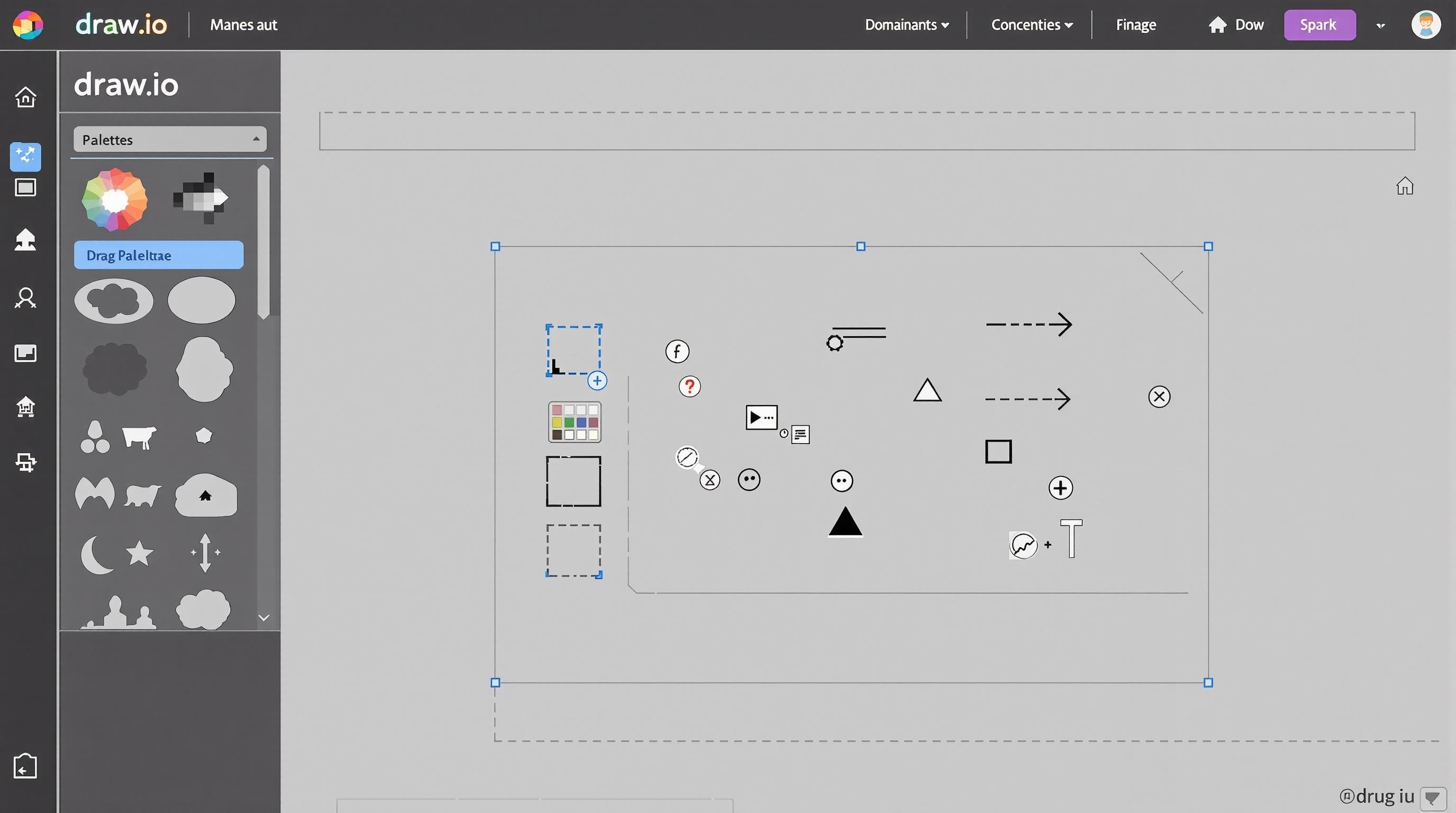 Interface principale de draw.io avec palettes visibles