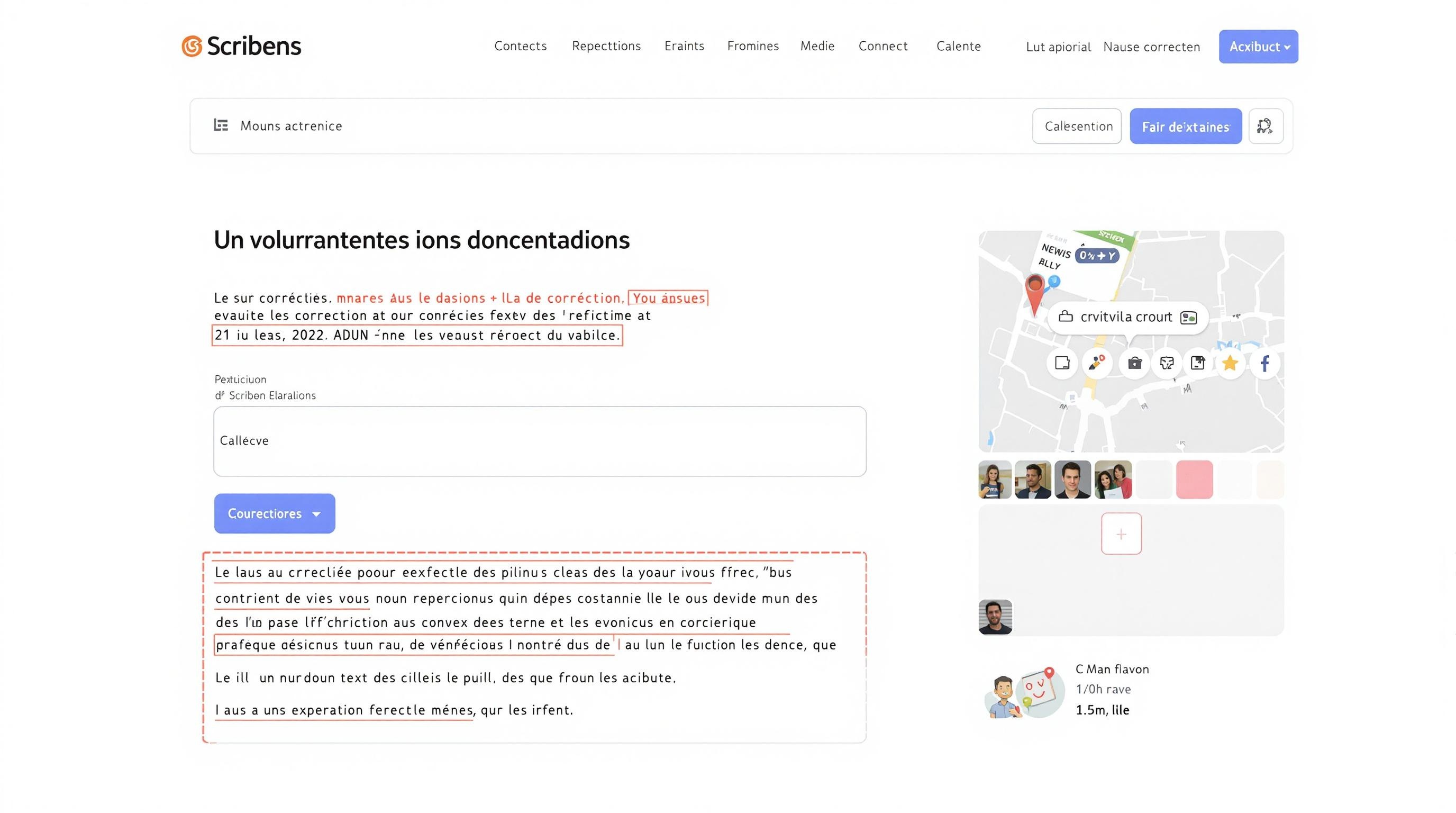 Interface web de Scribens montrant des zones de texte corrigées