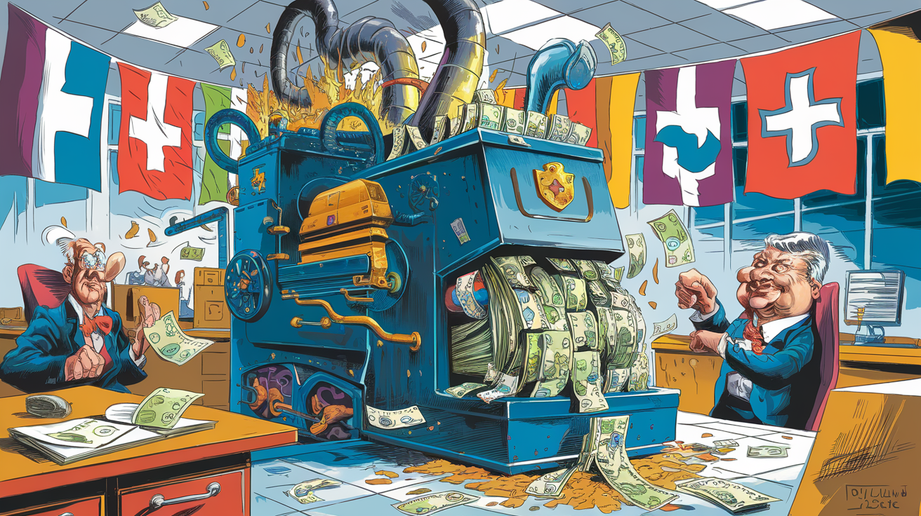 Machine infernale suisse broyant des billets – satire de la retenue à la source