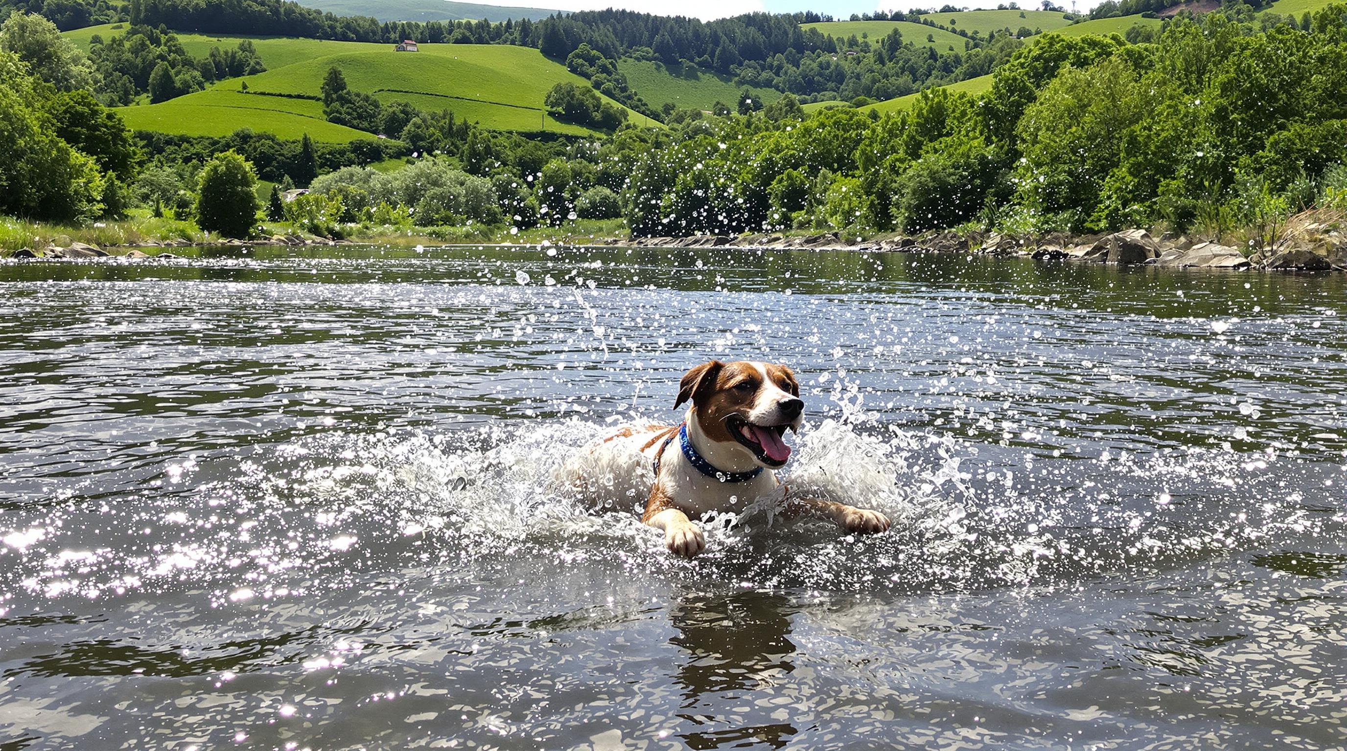 Chien se baignant dans la Dordogne