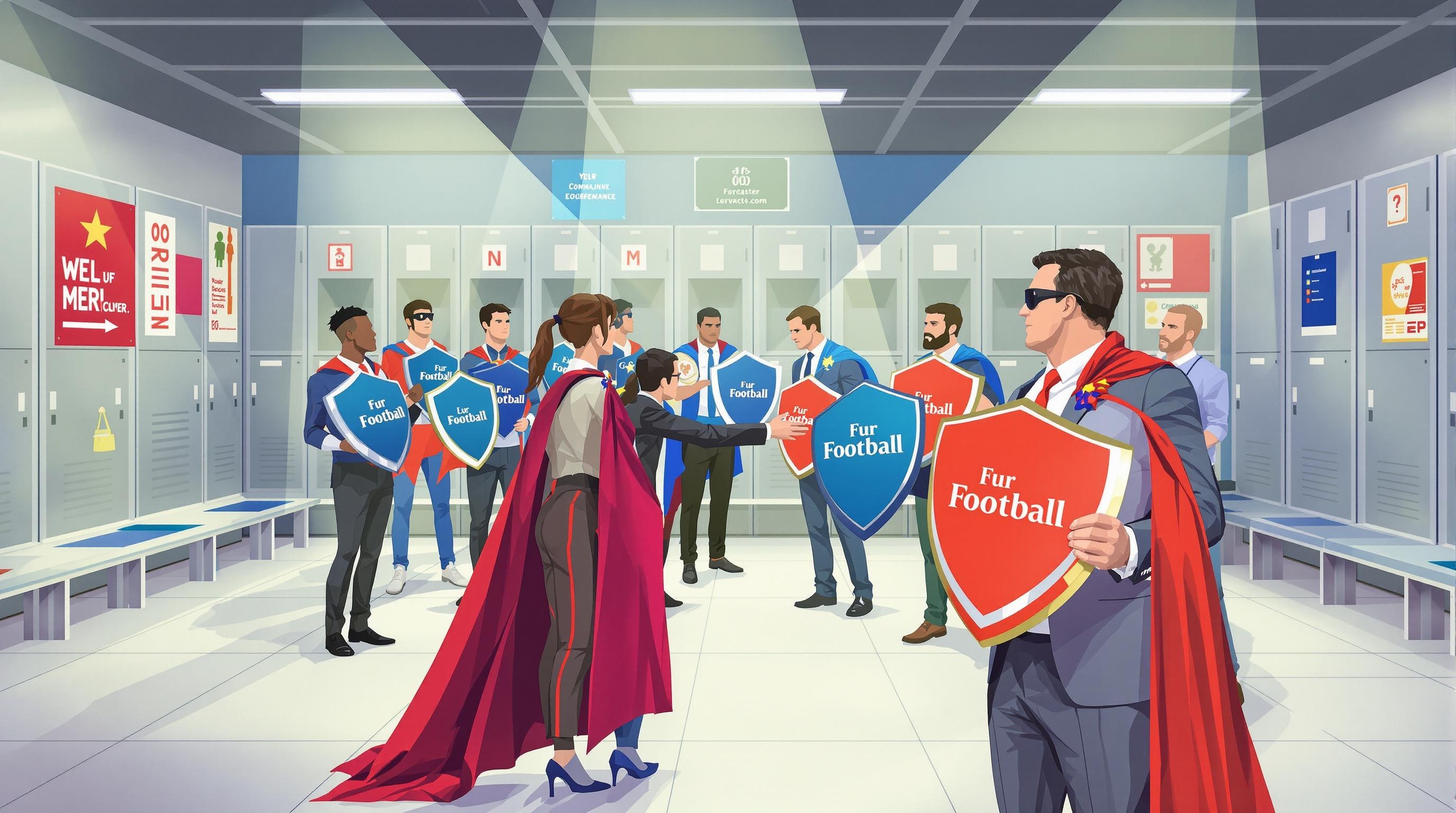 Coach distribuant capes boucliers onboarding équipe
