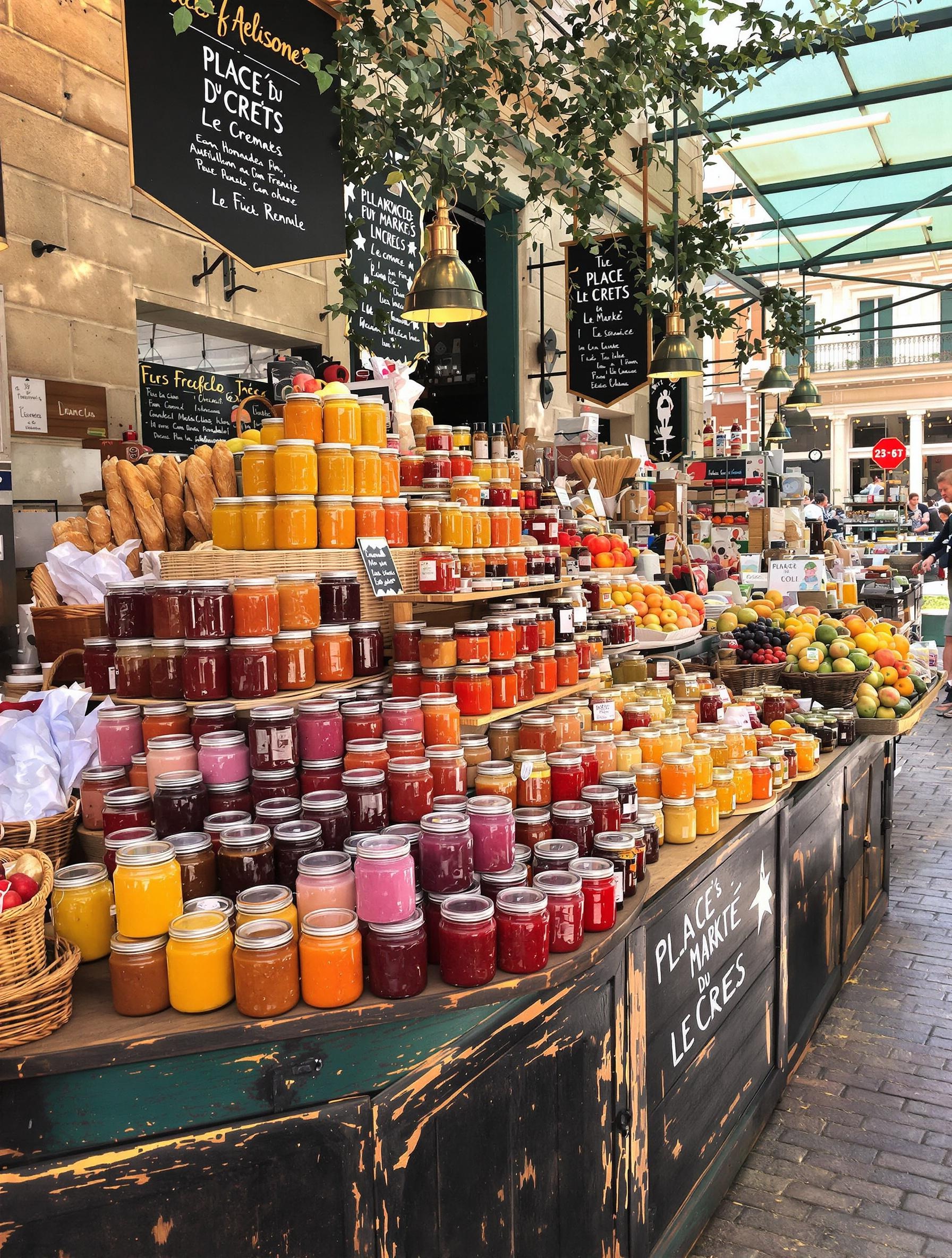 Photo du comptoir garni de produits locaux au Crès montrant étals de confitures artisanales