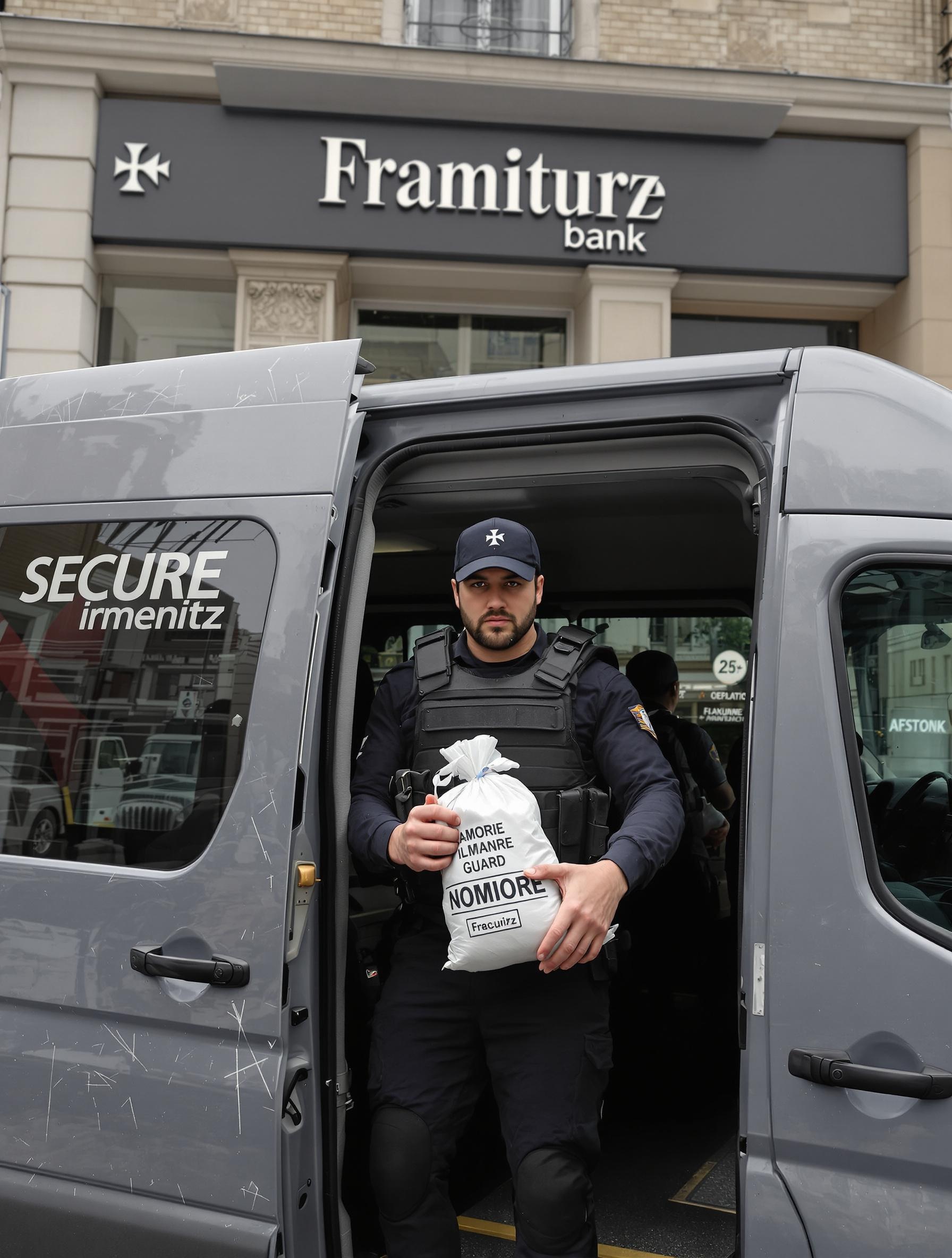 Convoyeur de fonds devant un fourgon blindé