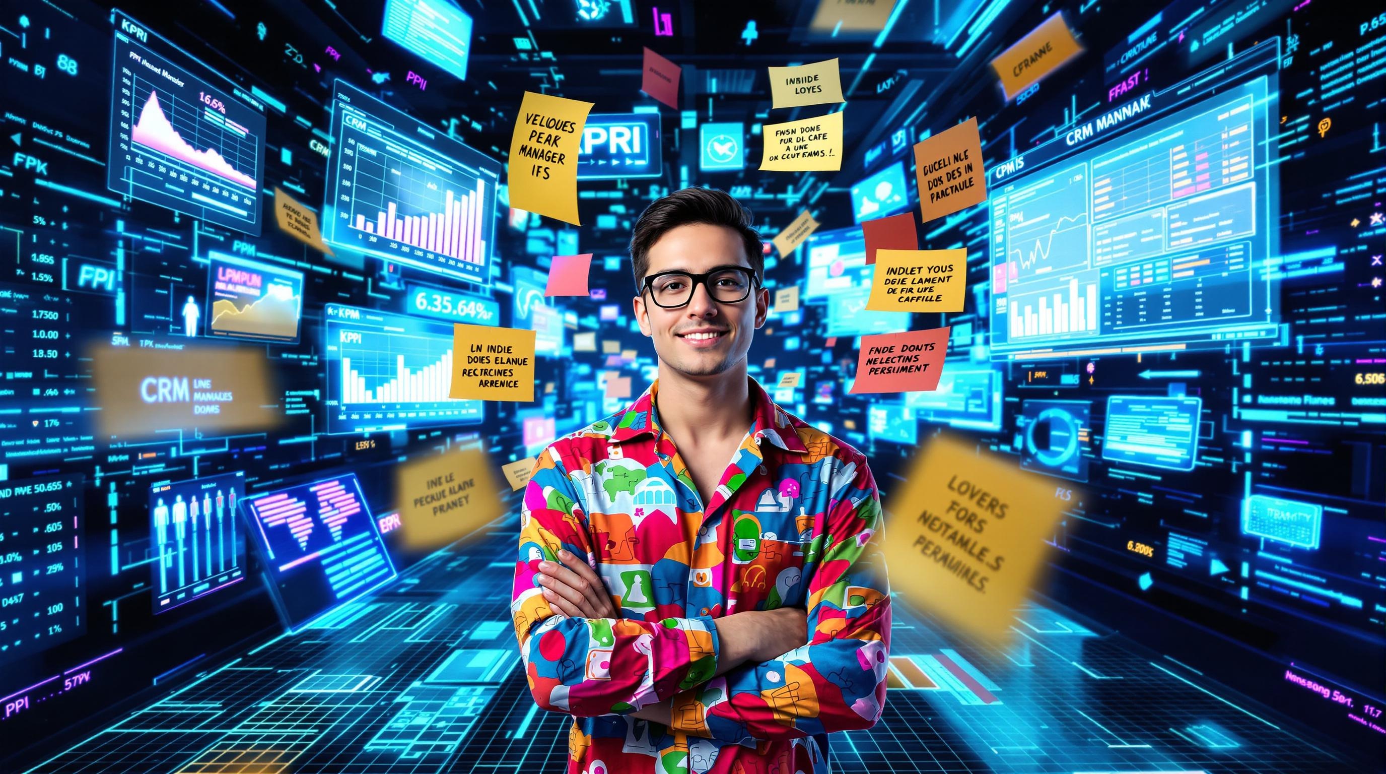CRM Manager analysant des KPI avec humour et créativité