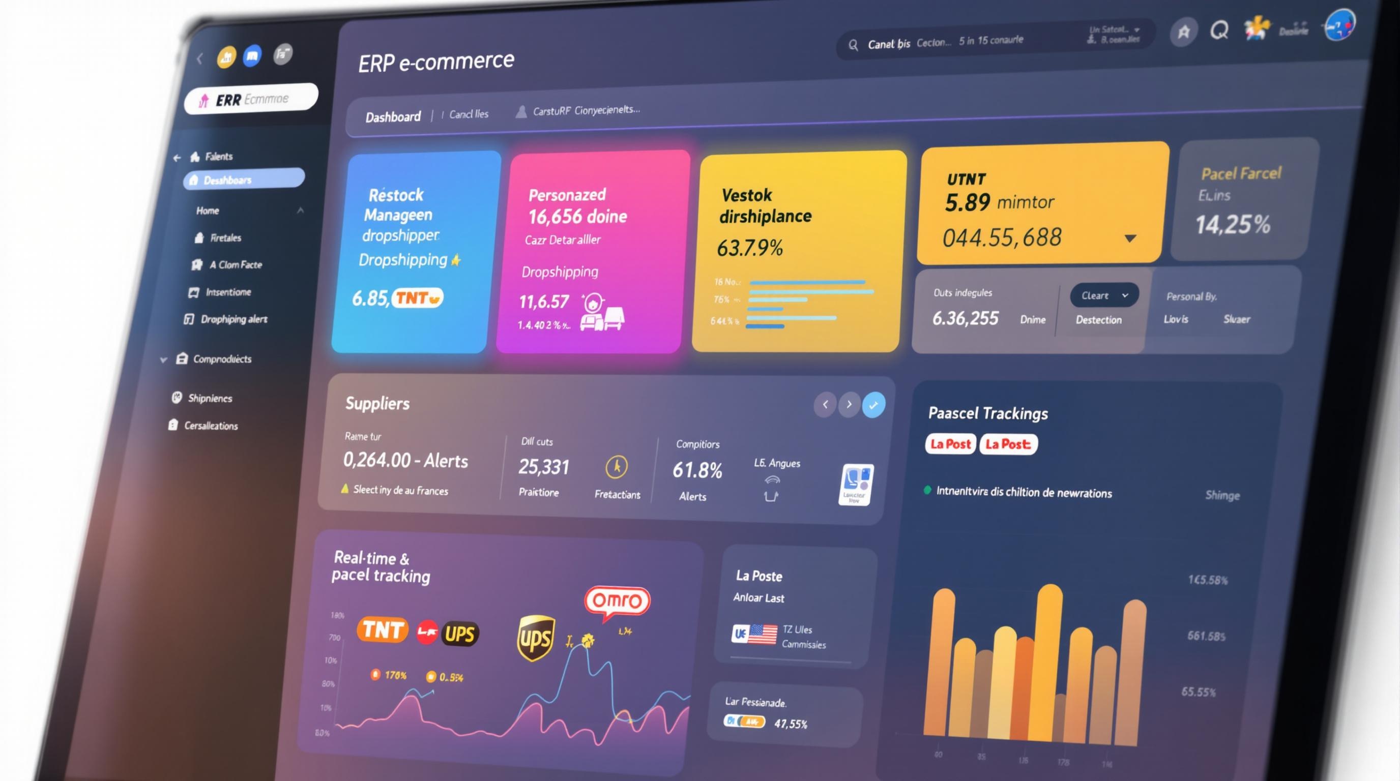 Dashboard ERP e-commerce montrant gestion automatisée du réassort et suivi colis TNT UPS La Poste.
