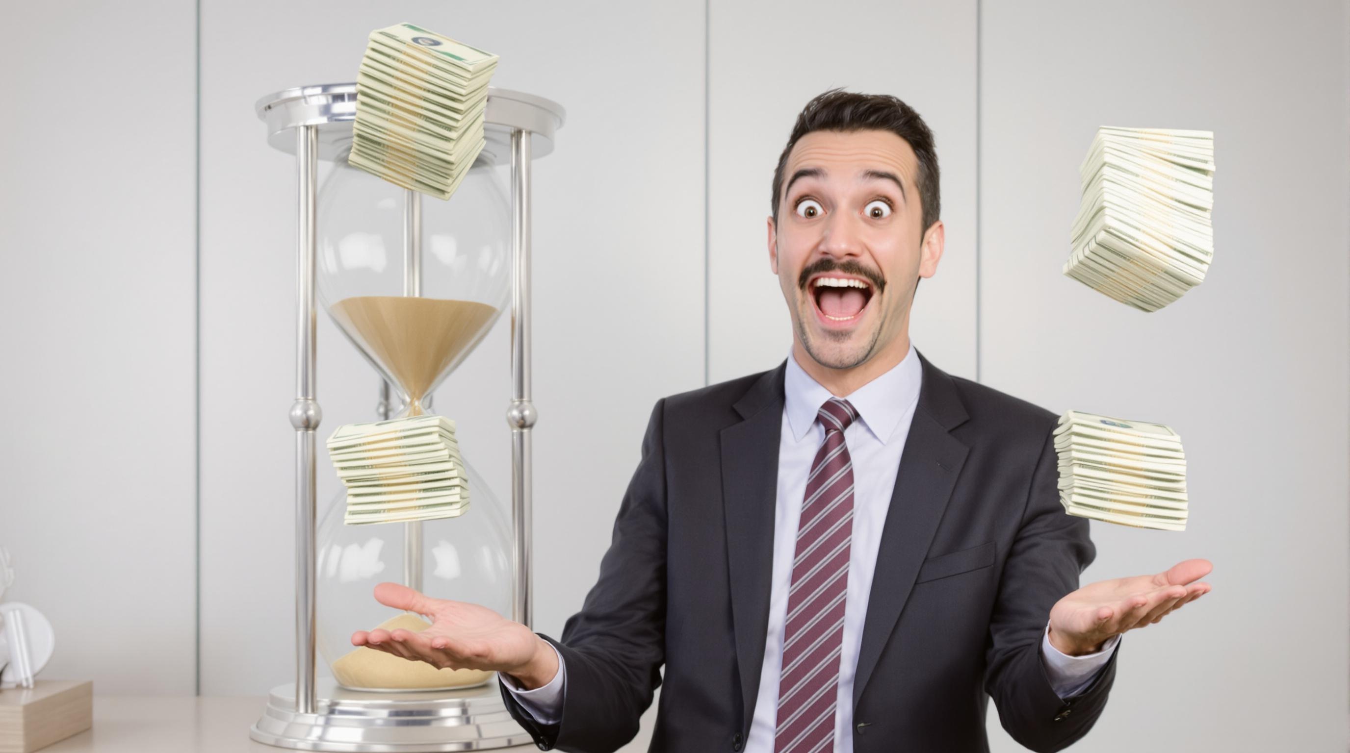 Entrepreneur jonglant avec des piles d'argent ARCE devant un sablier