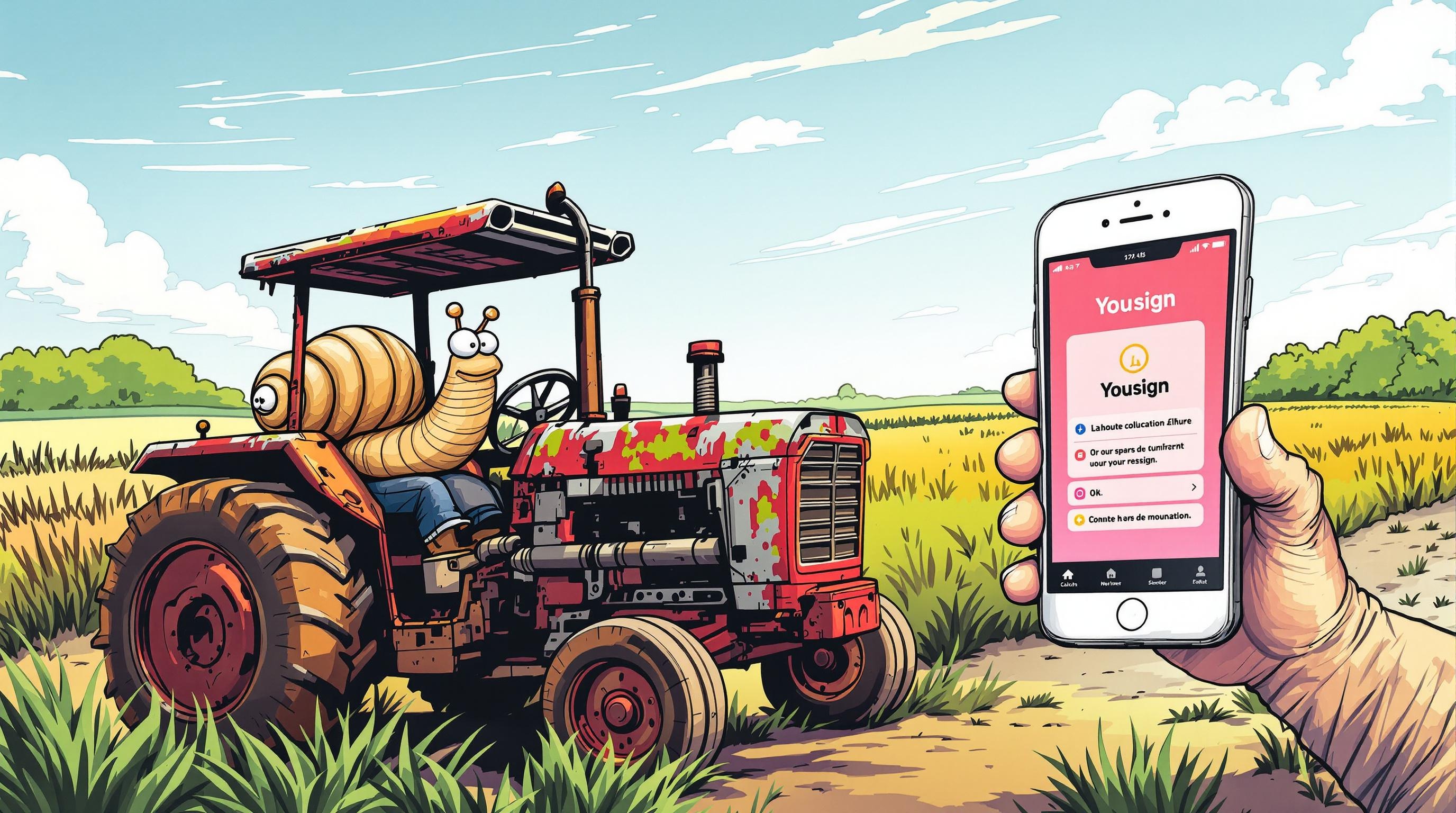 Illustration humoristique montrant un escargot dépassé par Yousign sur smartphone.