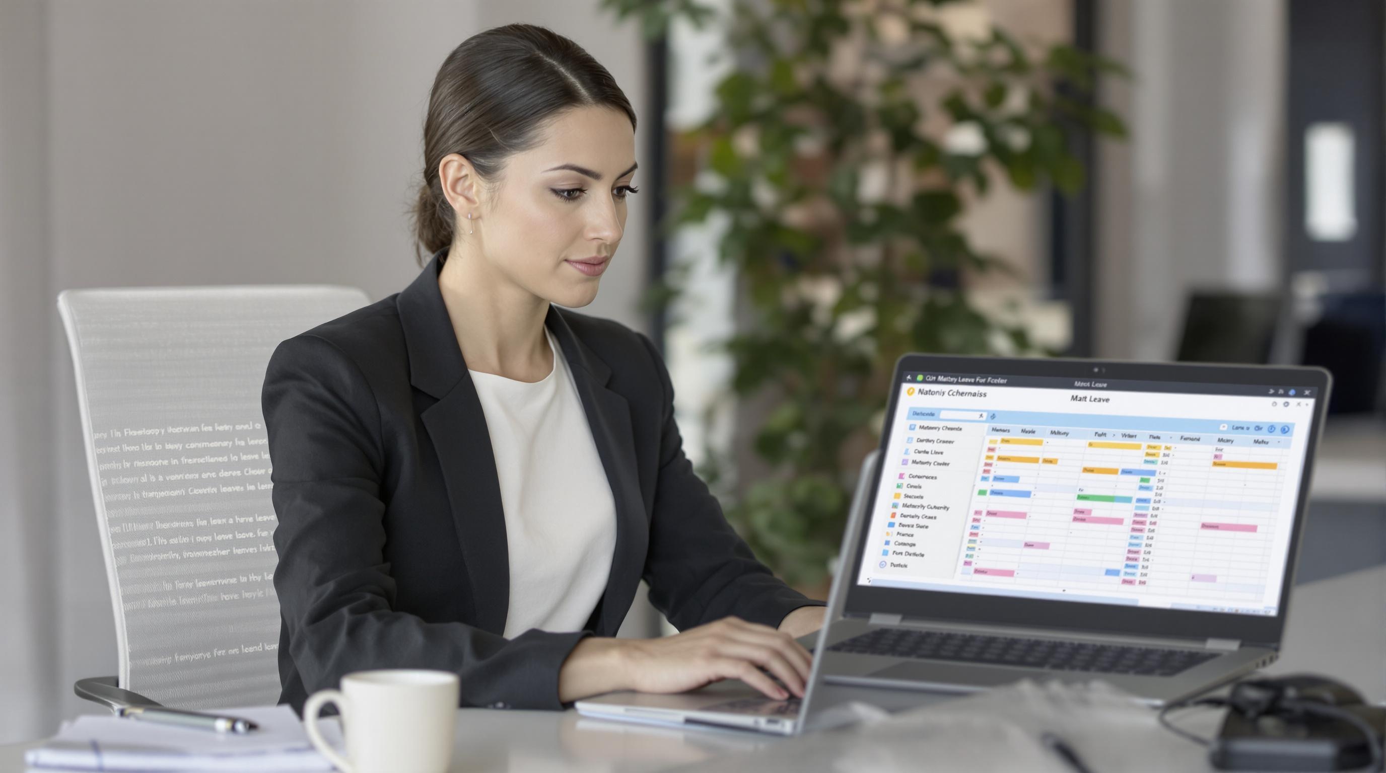 Femme d'affaires planification congé maternité sur ordinateur