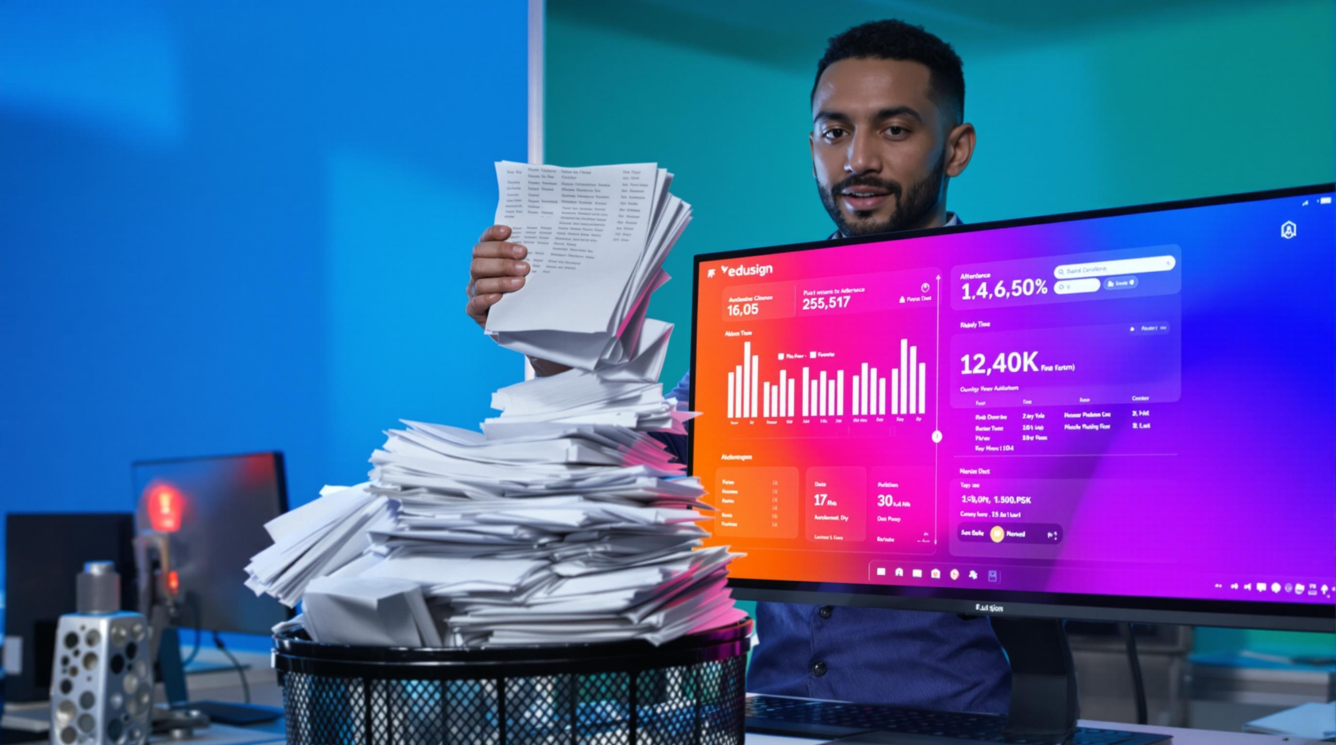 Formateur moderne jette les feuilles d'émargement papier – Dashboard Edusign en stats temps réel.