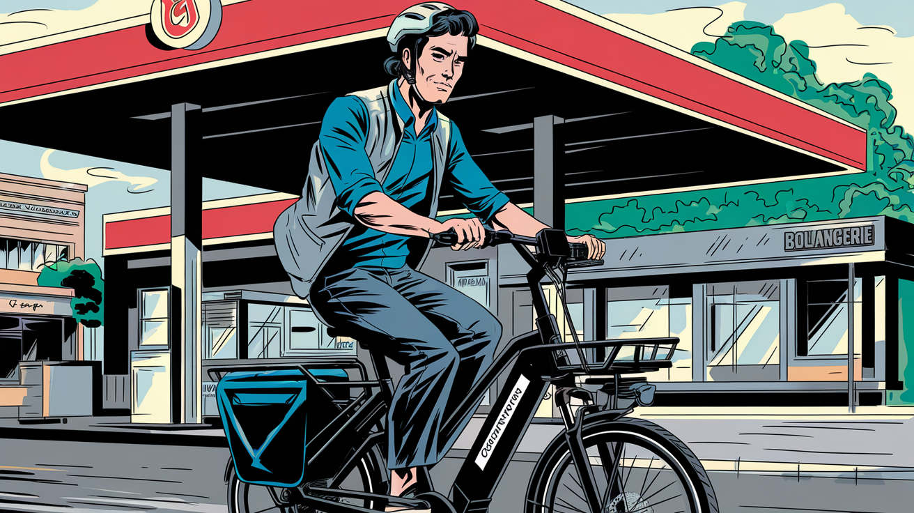 Un Français à vélo électrique devant une station-service