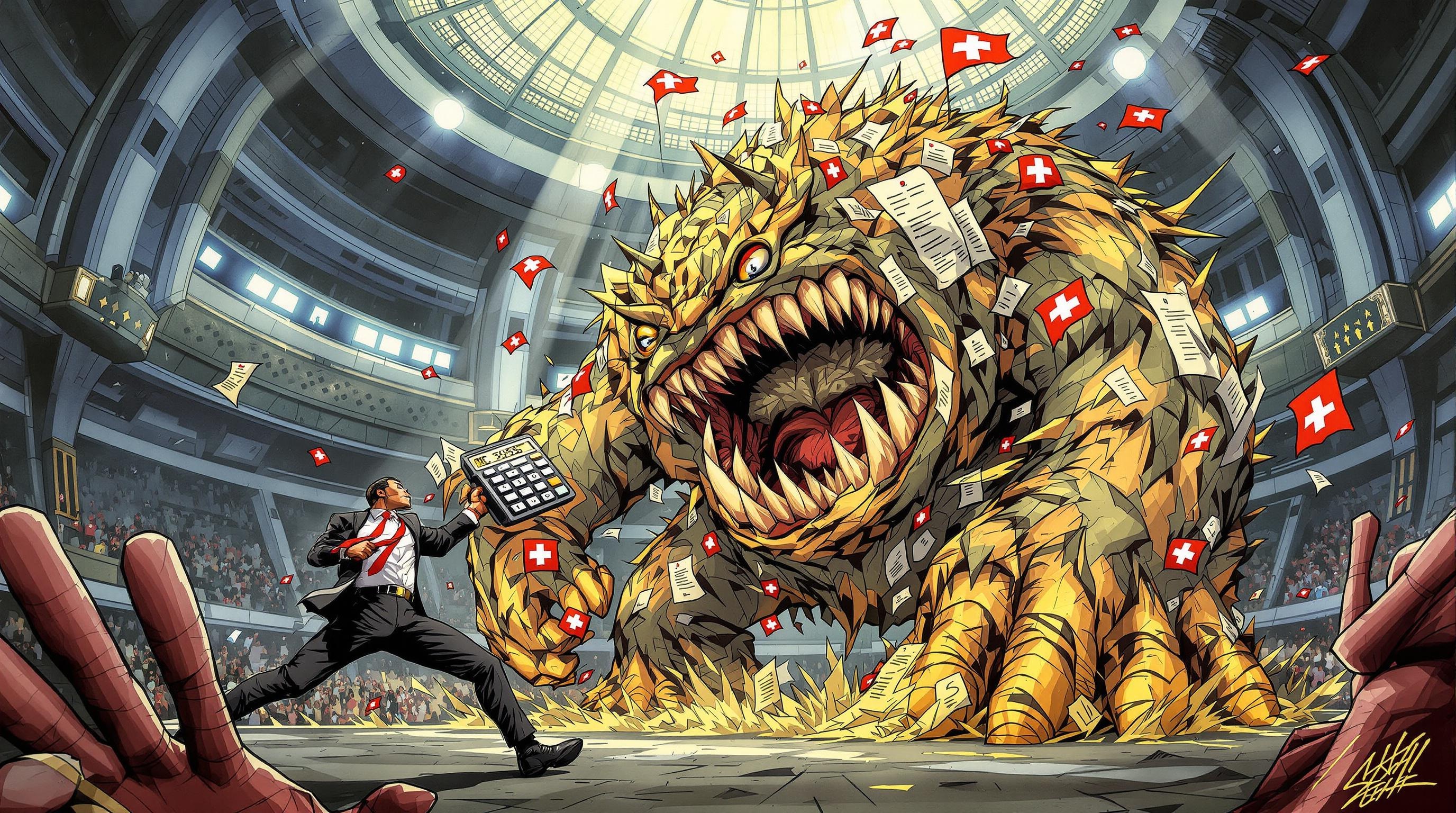 Guerrier costume-cravate terrassant la ponction fiscale suisse