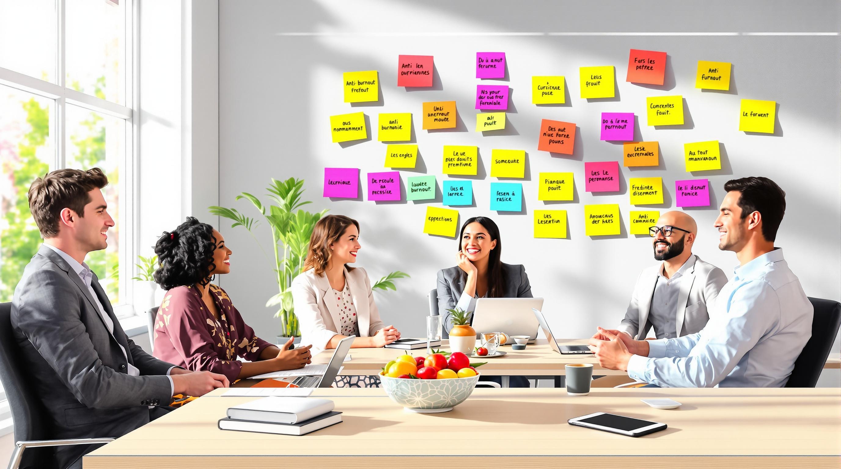 Bureau moderne post-it anti burn-out soutien collègues fruits smartphone éteint