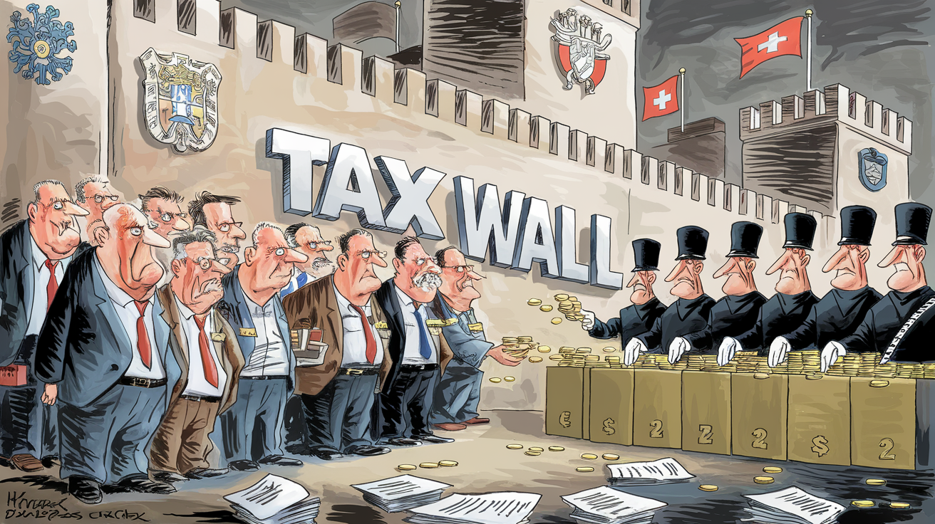 Illustration satirique de la forteresse AVS/AI/APG en Suisse