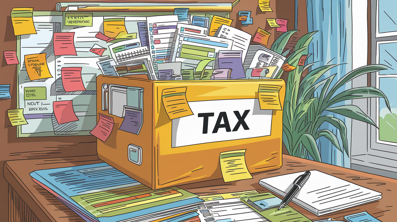 Illustration humoristique d’un dossier fiscal.
