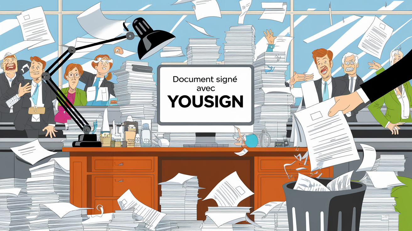 Main jetant un contrat papier à la poubelle, symbolisant l'ère Yousign.
