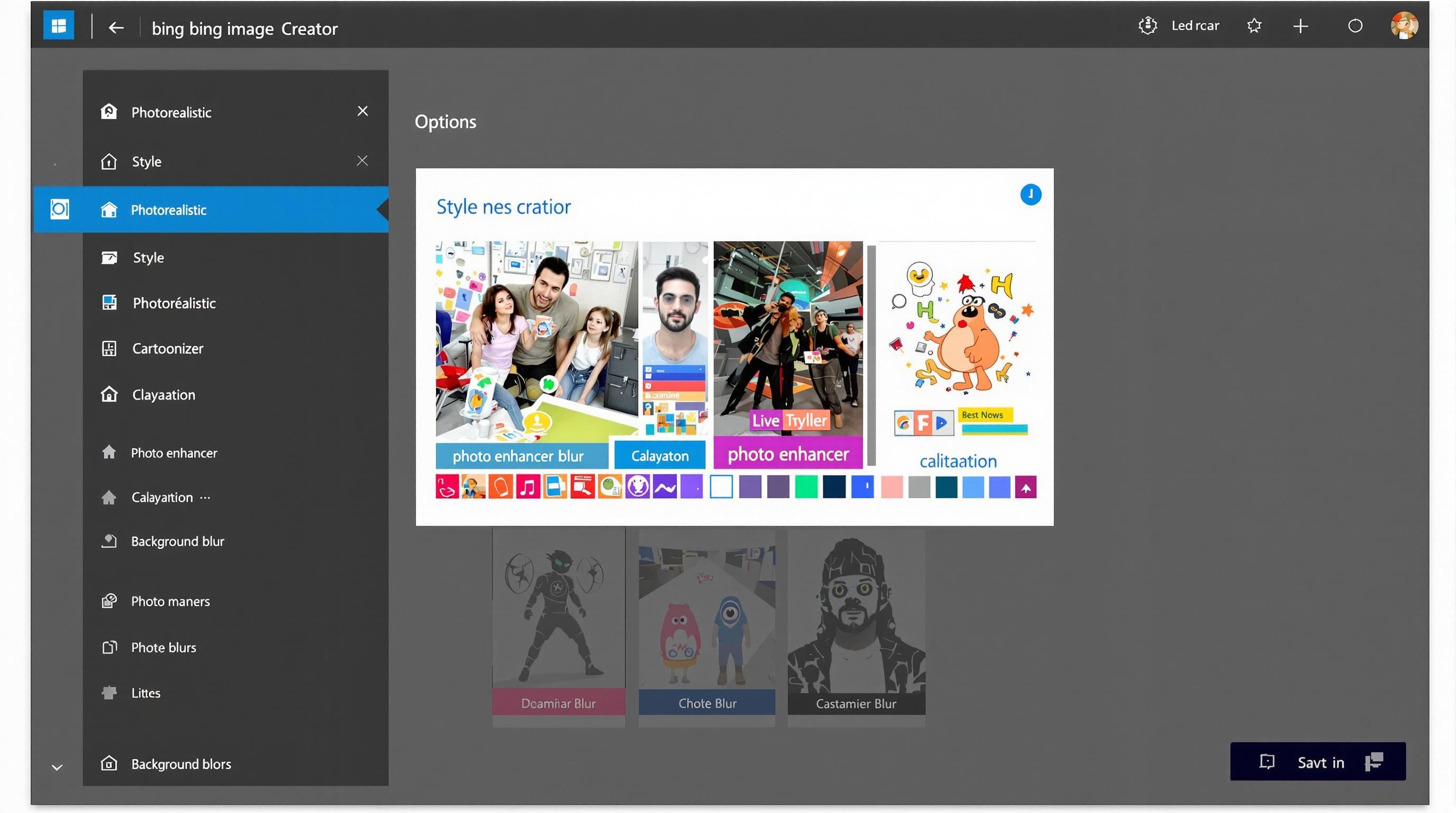 Interface Bing Image Creator avec styles artistiques et tableau de bord
