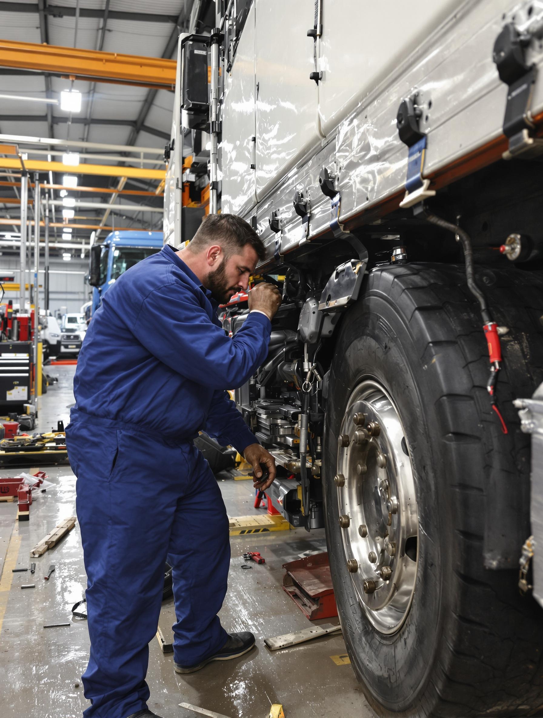 Mécanicien poids lourd travaillant dans un atelier logistique
