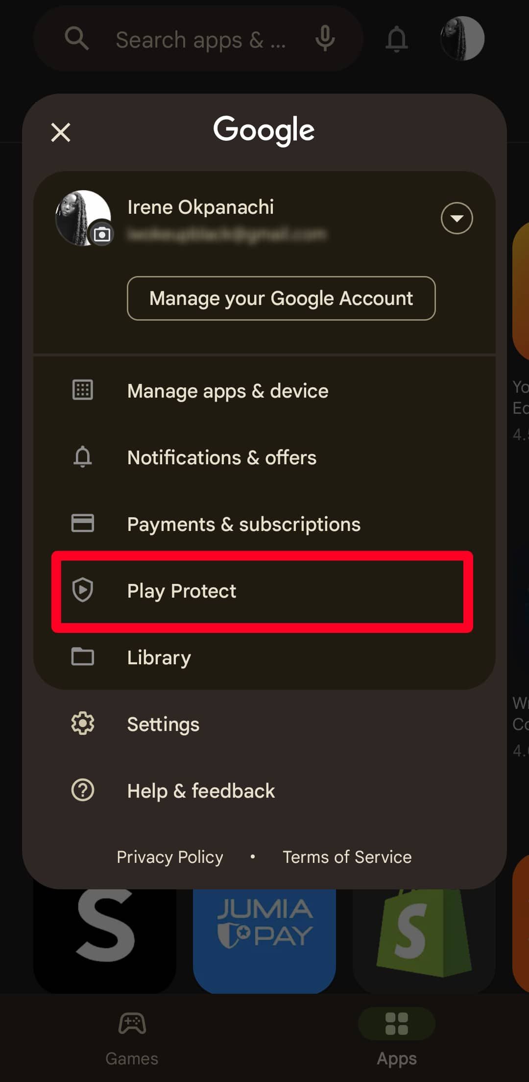 Menu Play Protect dans Google Play Store