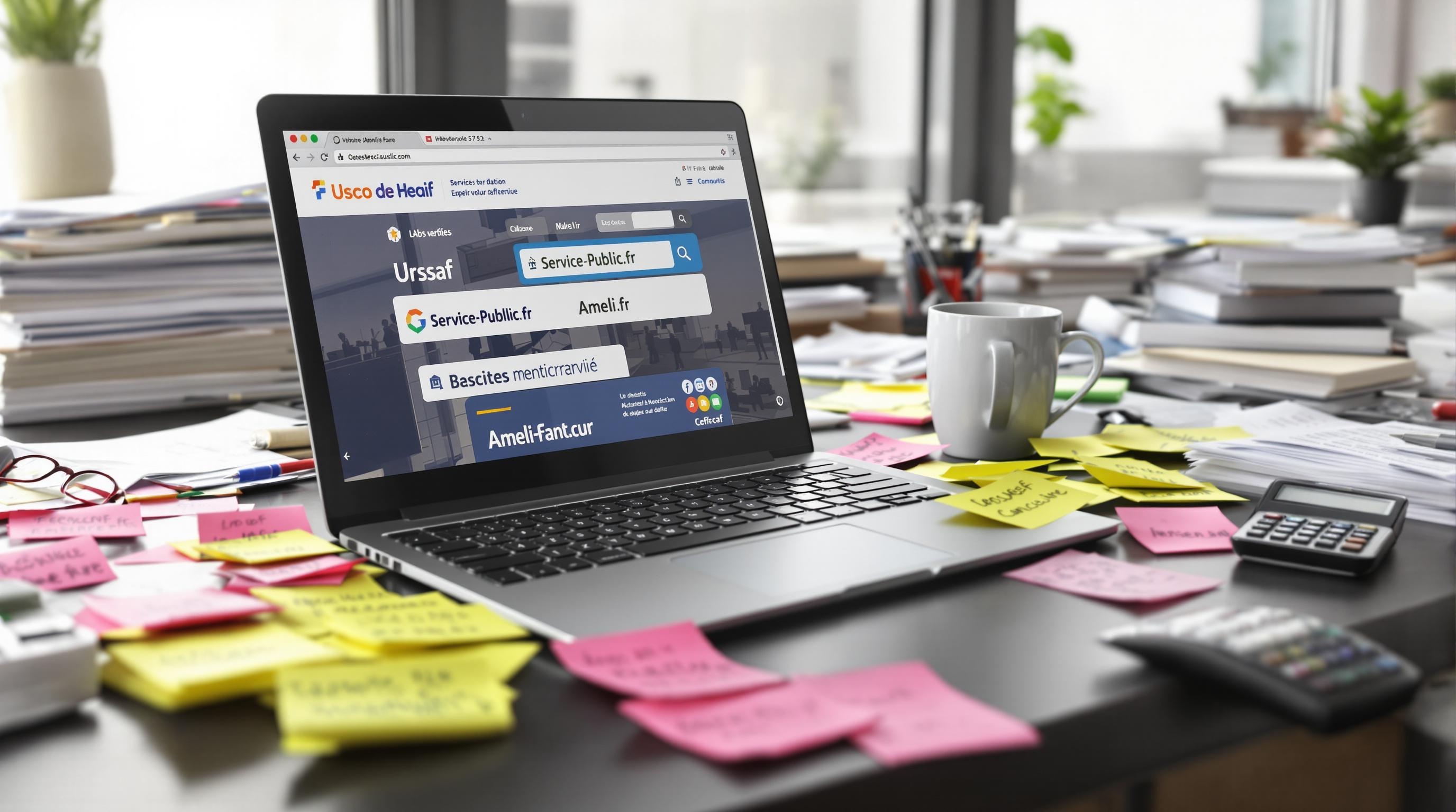 Ordinateur avec onglets ouverts sur Urssaf, Service-Public et Ameli, sur un bureau d’entrepreneur