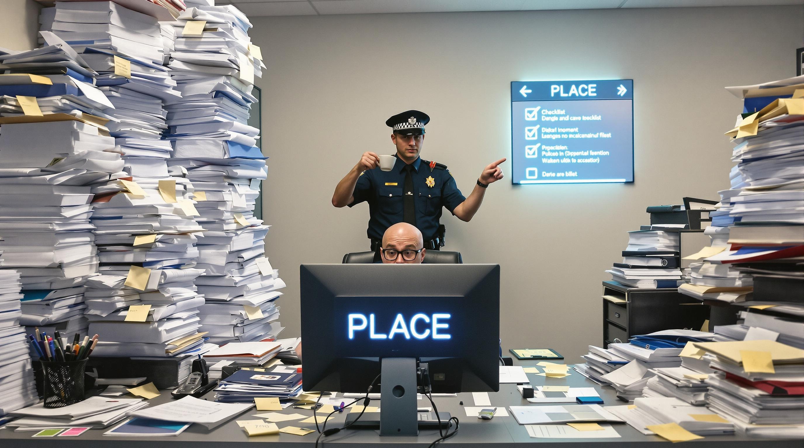Scène satirique d'un bureau administratif avec des piles de dossiers, un fonctionnaire sirotant un café devant un écran affichant 'PLACE', et en arrière-plan un policier polonais pointant du doigt une checklist numérique.