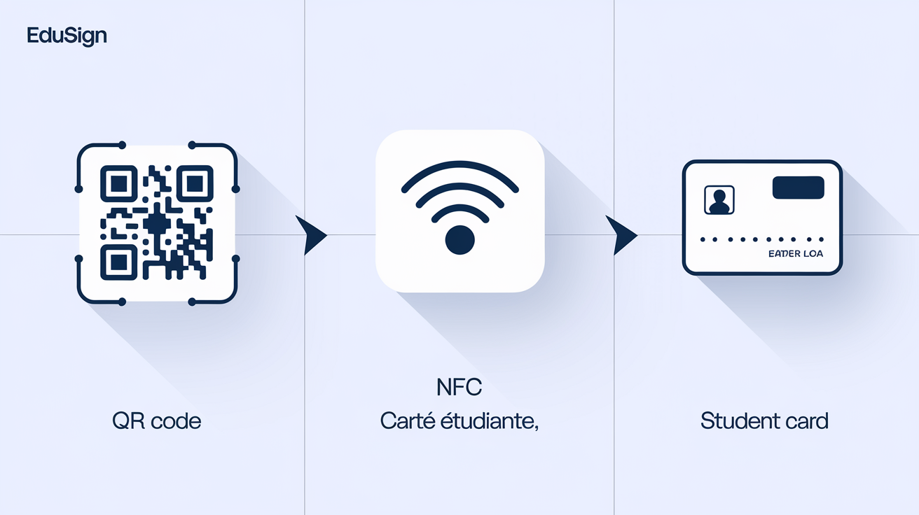 Schéma comparatif émargement QR/NFC/carte étudiante