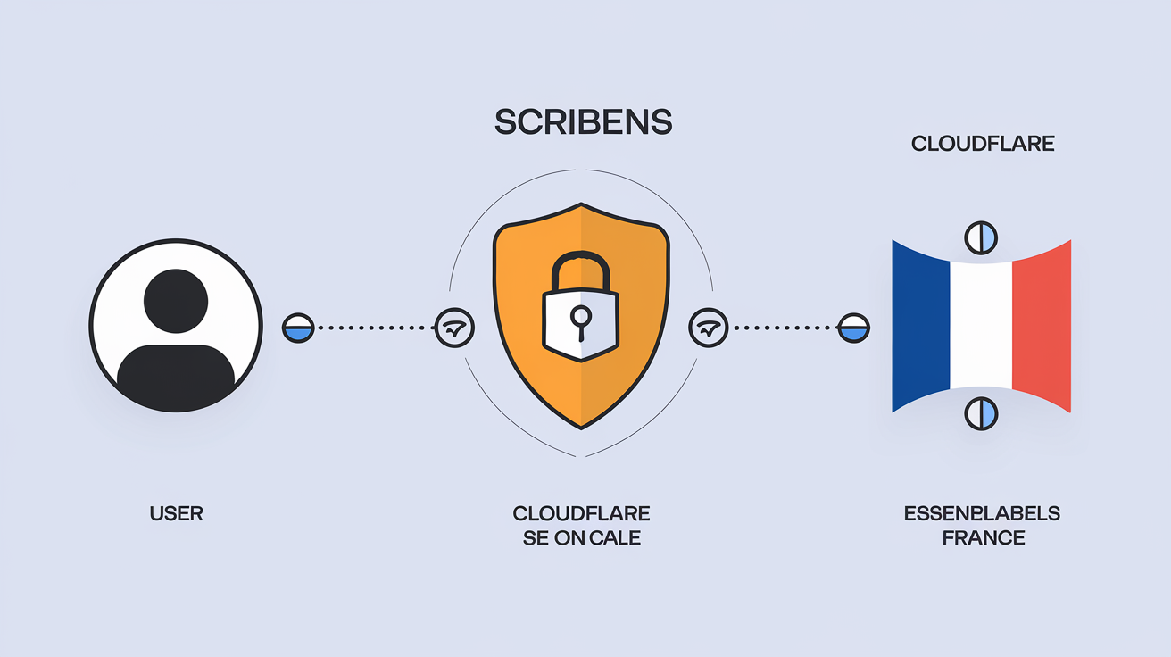 Schéma illustrant la protection des données Scribens via SSL et Cloudflare en France