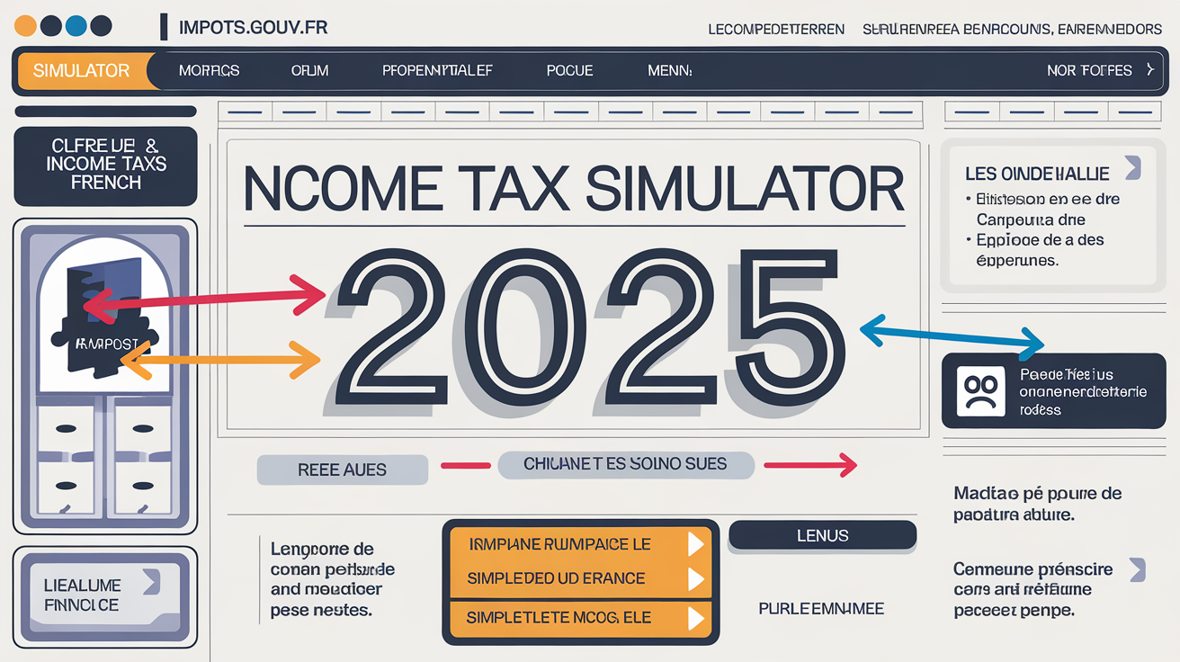 Capture annotée du simulateur officiel impots.gouv.fr : flèches colorées indiquant accès et choix entre modèles.