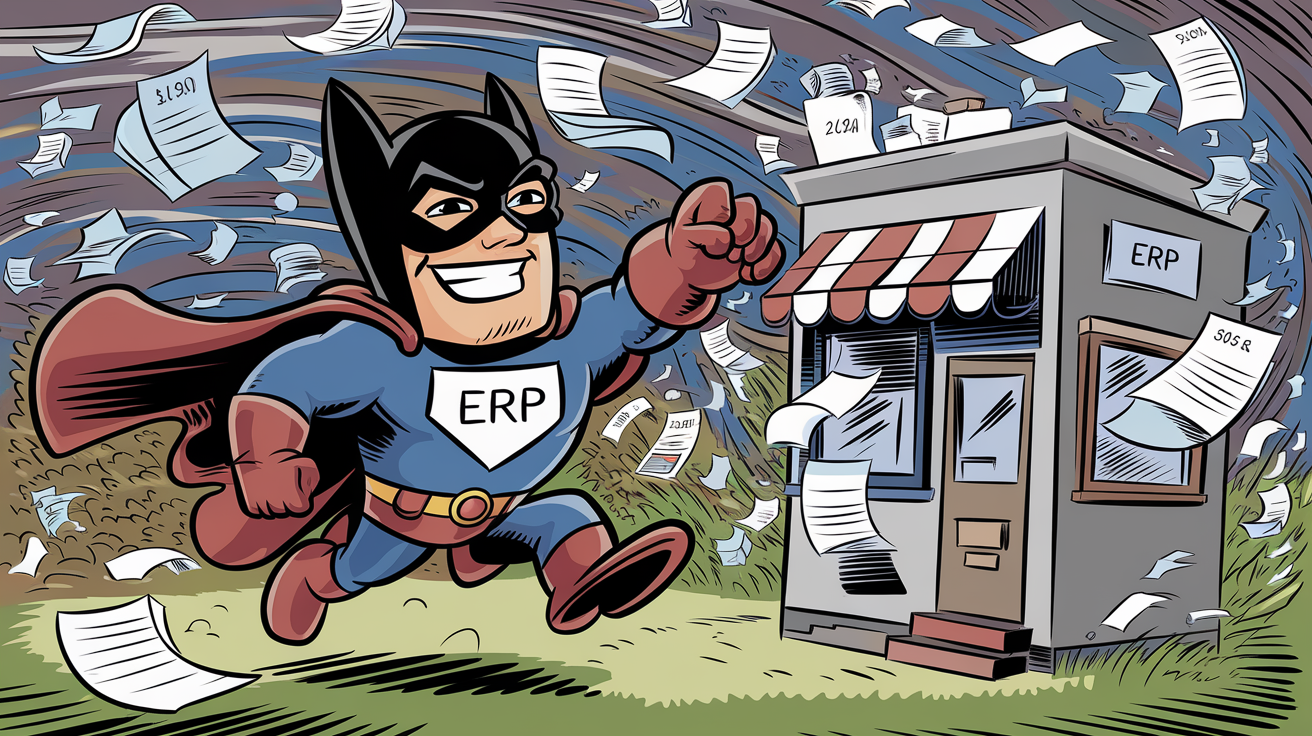 Super-héros ERP sauvant une boutique e-commerce