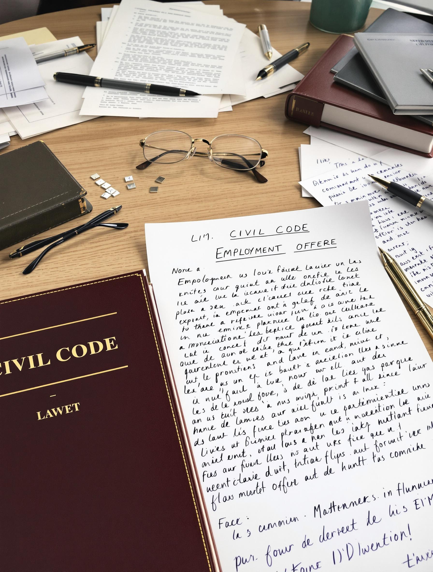 Promesse d'embauche manuscrite sur table d'avocats