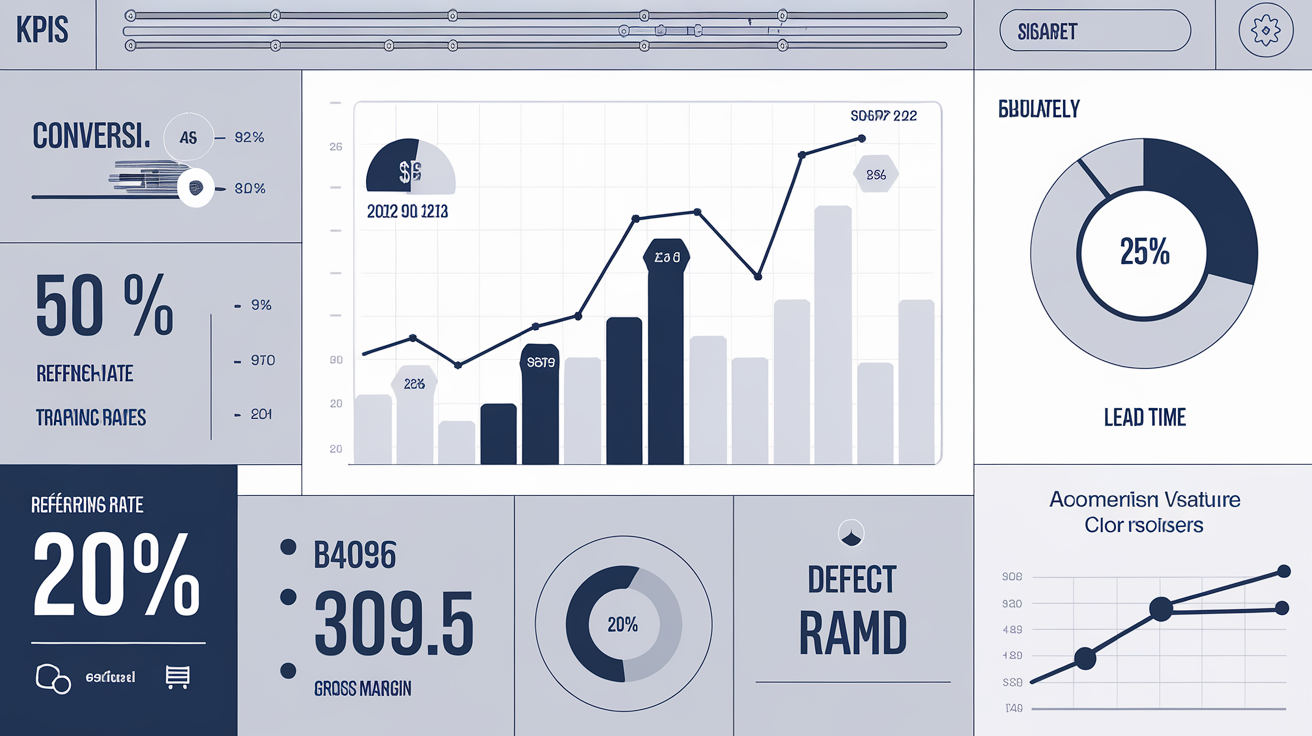 Dashboard KPI PME : taux de conversion, trafic référent, chiffre d’affaires, marge brute, taux de défaut, lead time